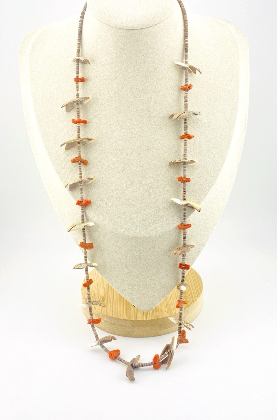Vintage Coral Shell Heishi Flying Bird Fetish Necklace Sterling Silver 27"