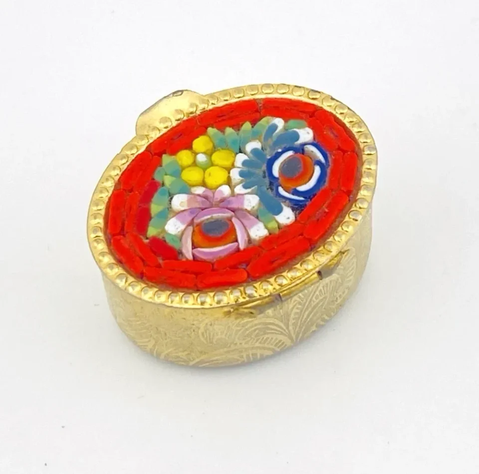 Vintage Italian Micro Mosaic Pill Box – Red Floral Oval Gold Tone, 1960s