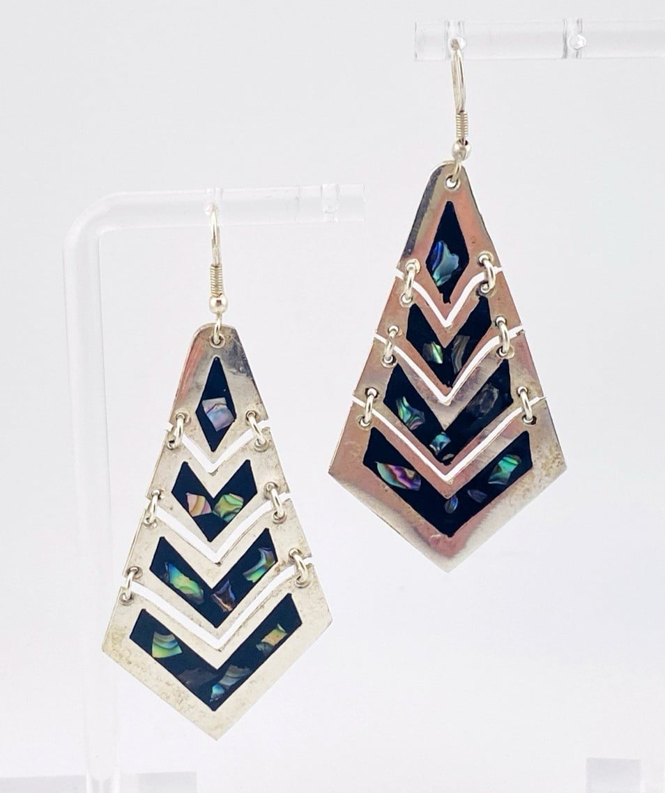 Vintage Mexican geometric alpaca silver abalone drop earrings