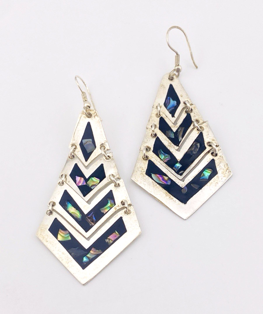 Vintage Mexican geometric alpaca silver abalone drop earrings