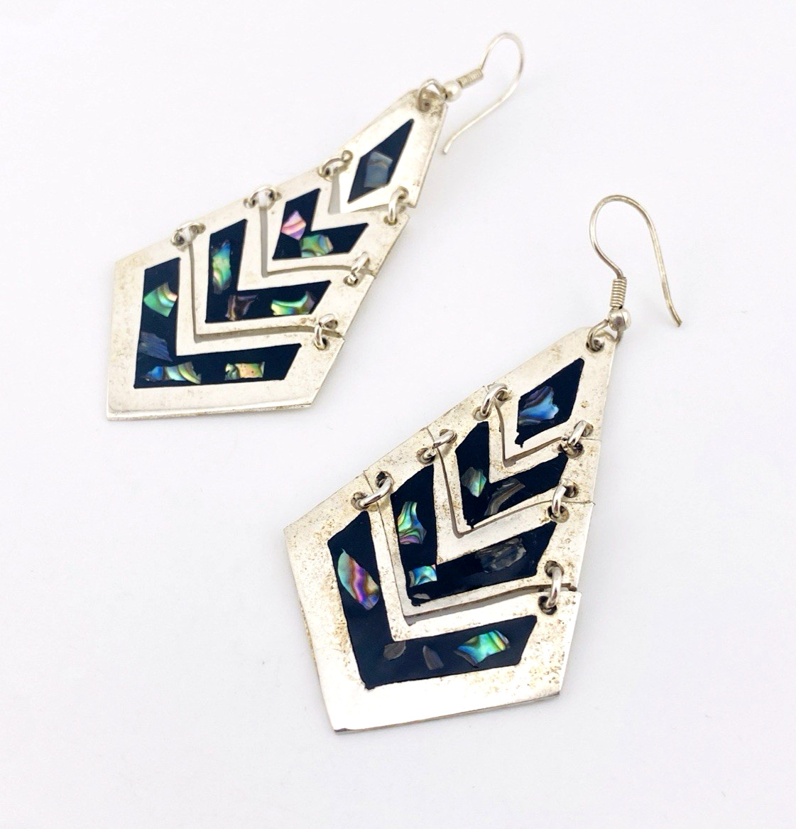 Vintage Mexican geometric alpaca silver abalone drop earrings