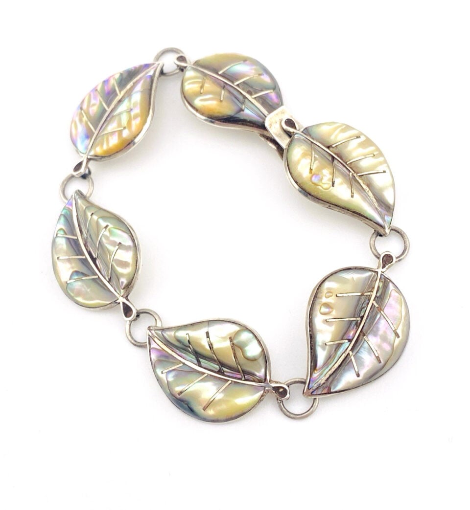 Vintage mother of pearl leaf link sterling silver bracelet