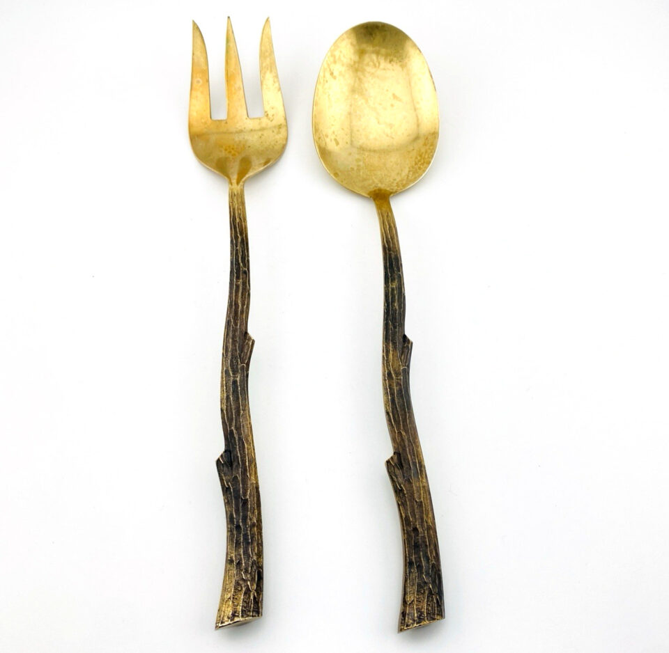 Vintage Solid Brass Adirondack Twig Salad Serving Set — Organic Rustic Design
