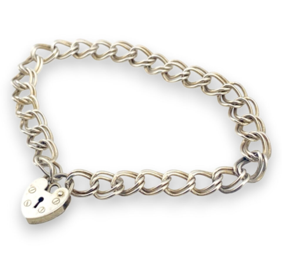 Vintage Sterling Silver Heart Padlock Bracelet Double Curb Link Chain