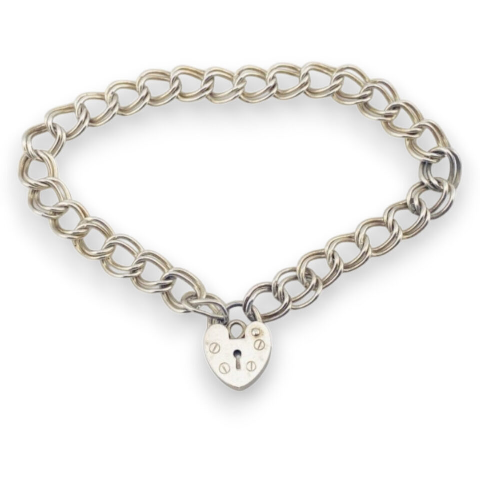 Vintage Sterling Silver Heart Padlock Bracelet Double Curb Link 6.25 Inch
