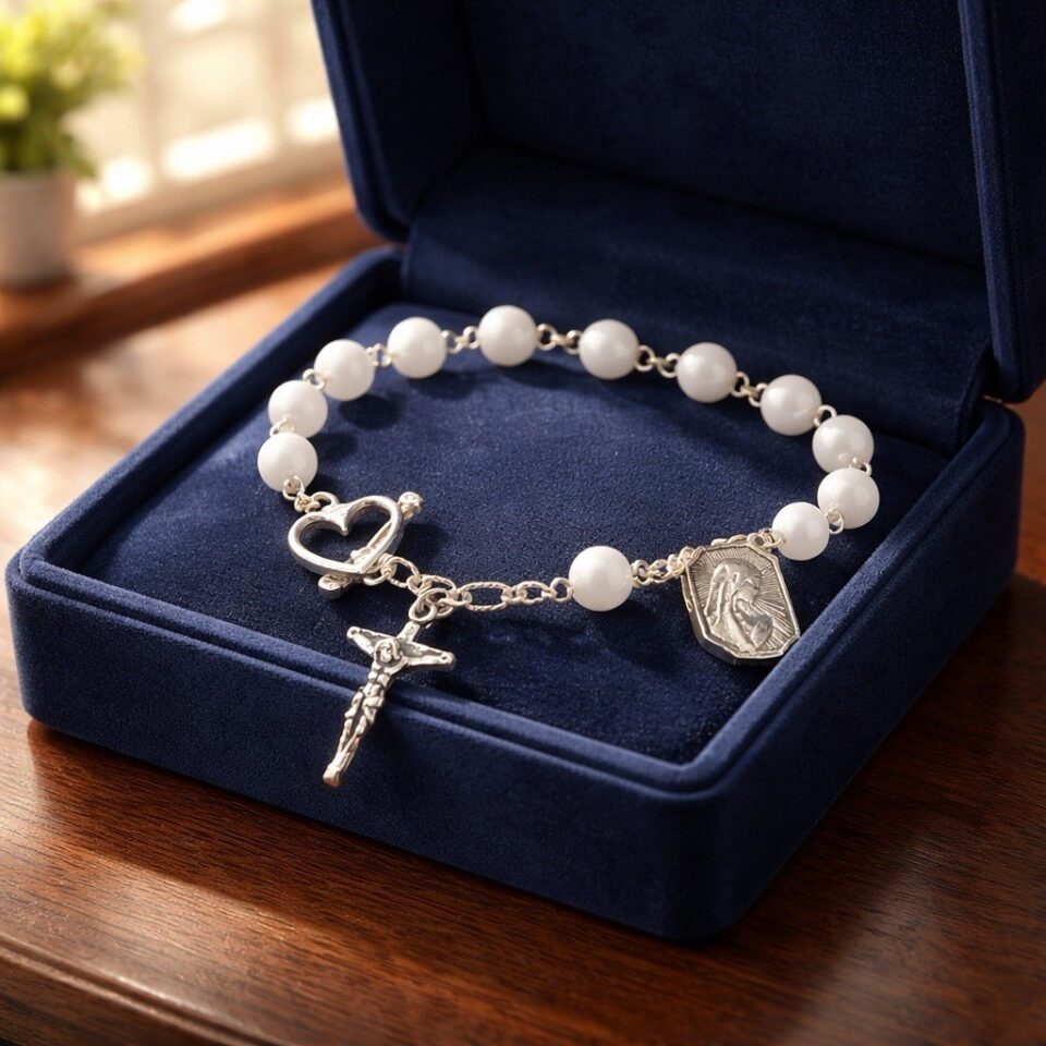 Sterling Silver Rosary Bracelet Mary Aparecida Crucifix 7.5 Inches