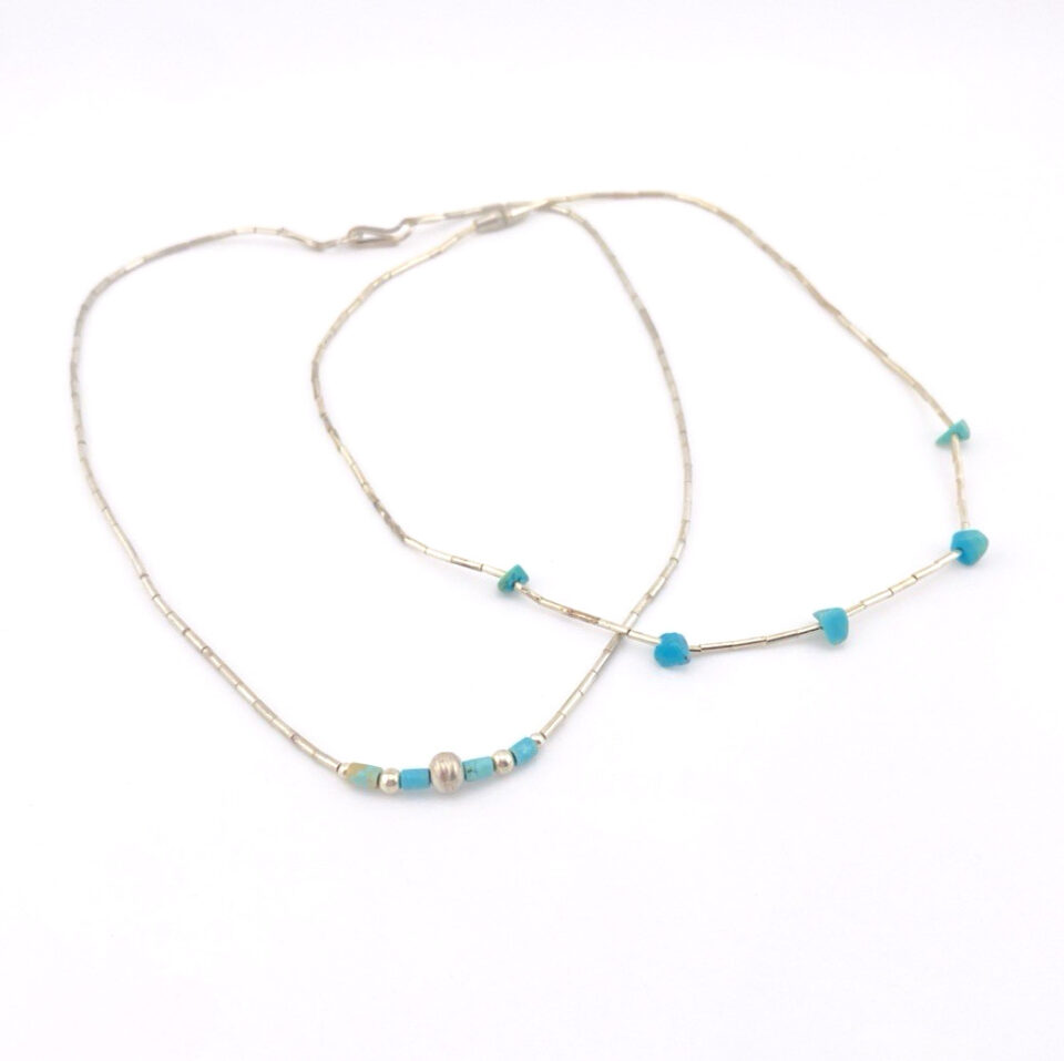 Vintage Turquoise Liquid Silver Necklace Set Southwestern Layering Chokers