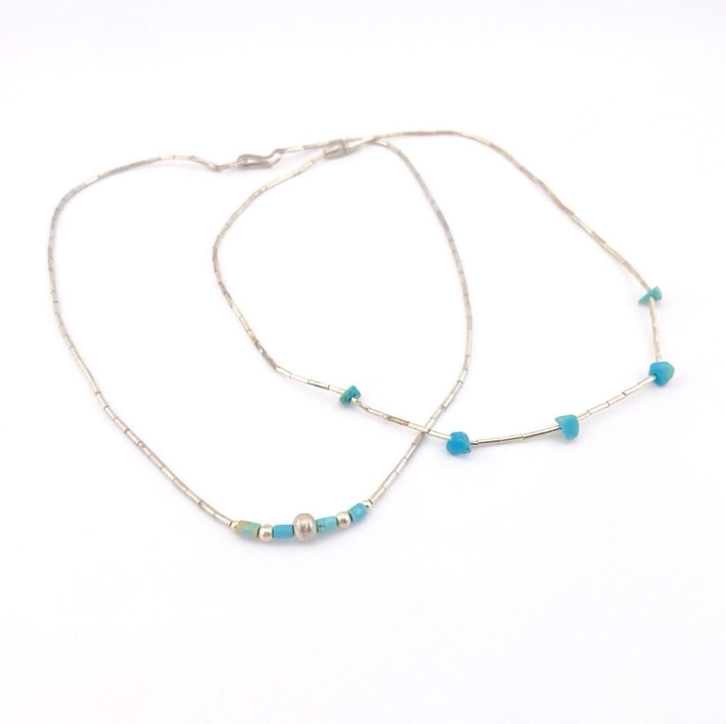 Vintage Turquoise Liquid Silver Necklace Set Southwestern Layering Chokers
