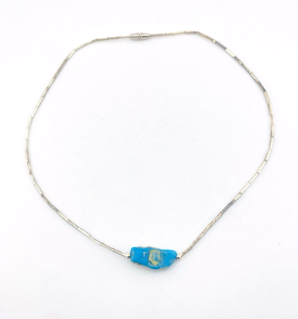 Vintage Turquoise Liquid Silver Necklace Single Pebble
