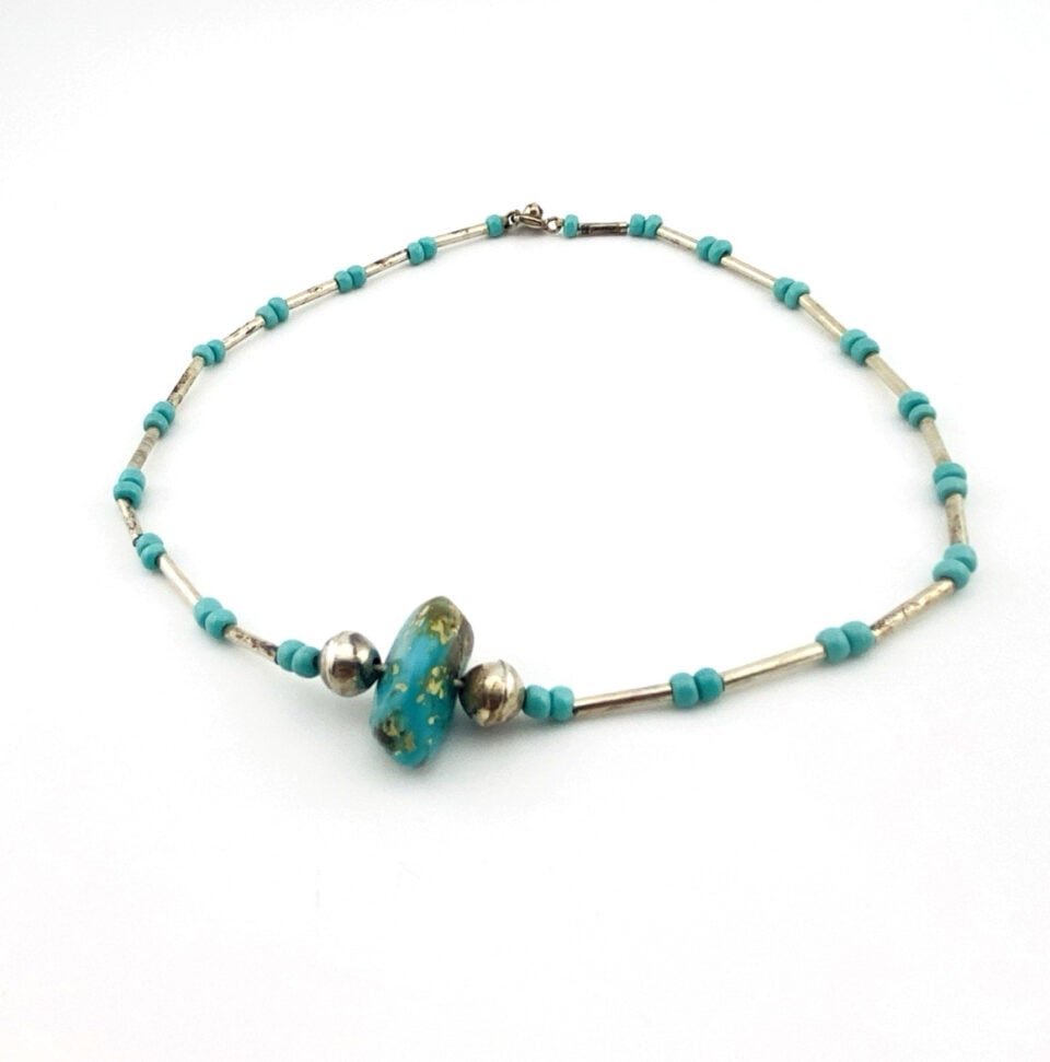 Vintage Turquoise Nugget Liquid Silver Choker Necklace