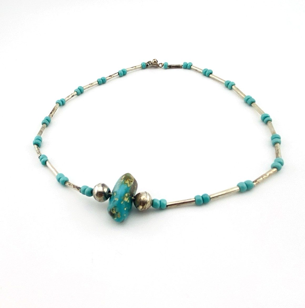 Vintage Turquoise Nugget Liquid Silver Choker Necklace