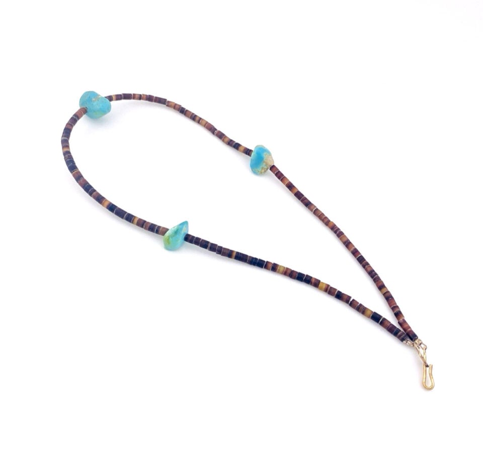 Vintage turquoise pebble brown shell heishi choker necklace