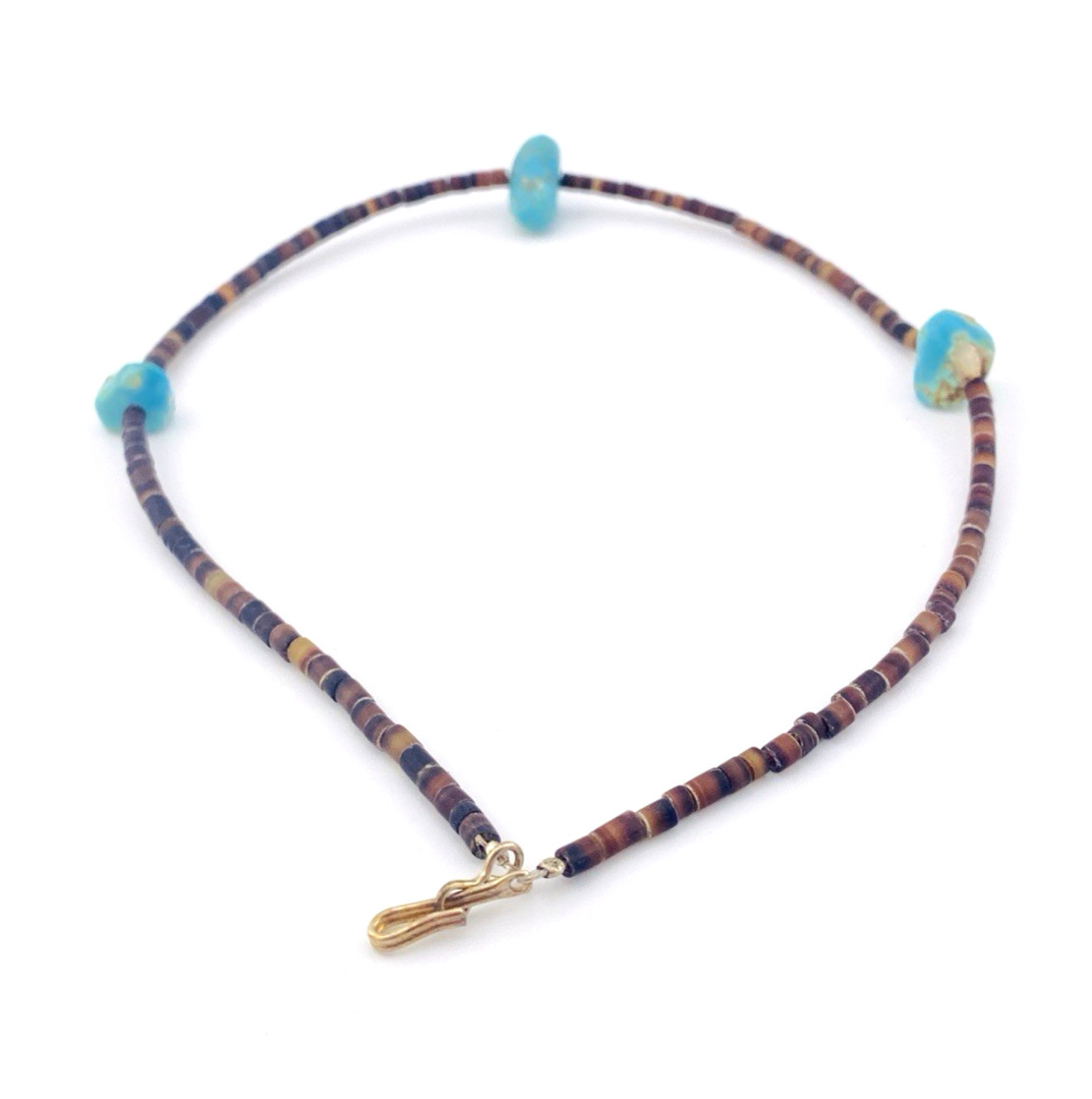 Vintage turquoise pebble brown shell heishi choker necklace