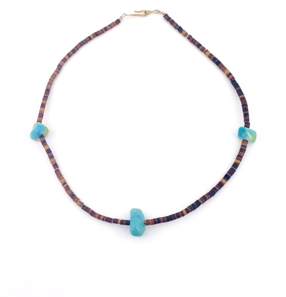 Vintage Turquoise Pebble Brown Shell Heishi Southwestern Choker Necklace 15.25"