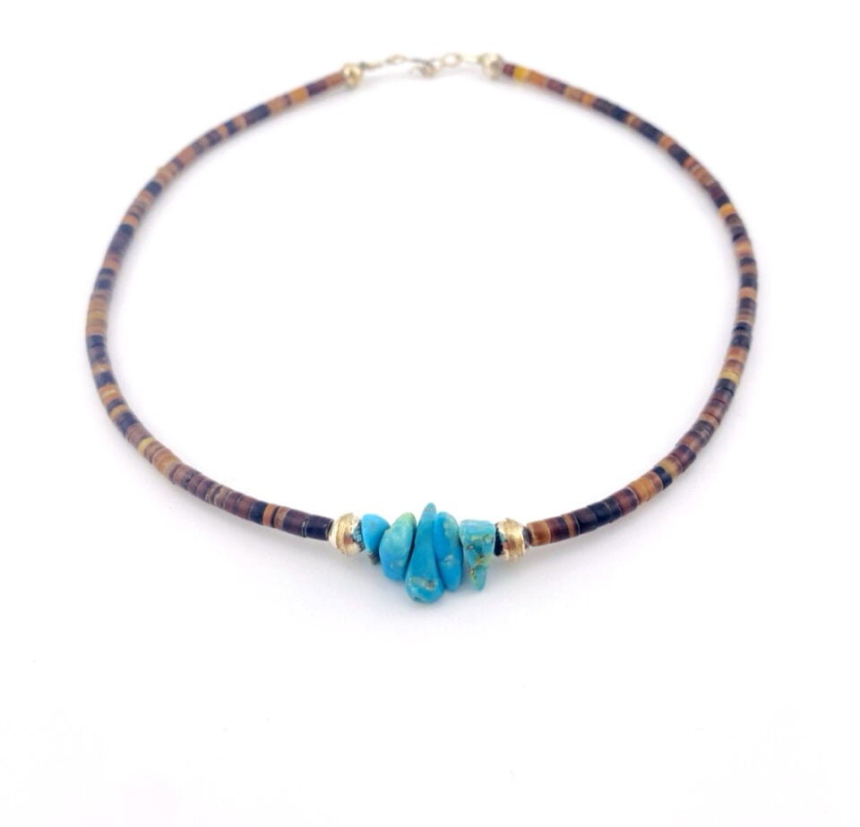 Vintage turquoise pebble cluster heishi shell choker necklace