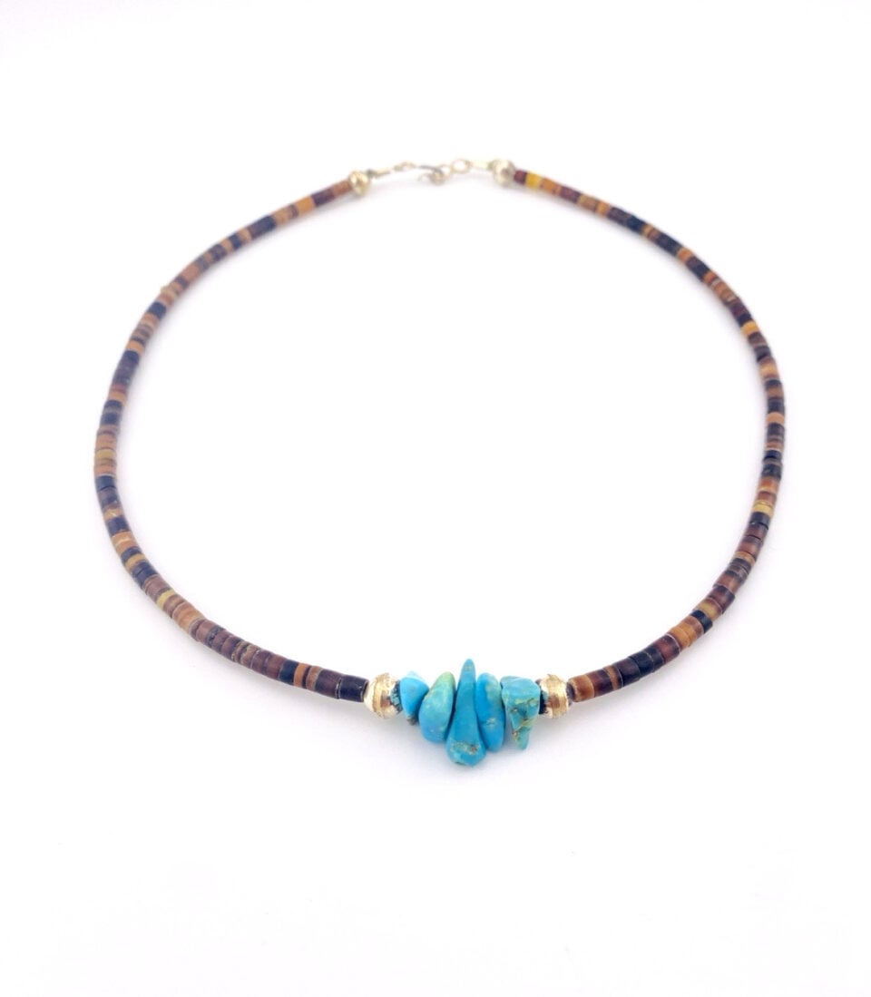 Vintage Turquoise Pebble Cluster Shell Heishi Choker Necklace 15" Silver Accents