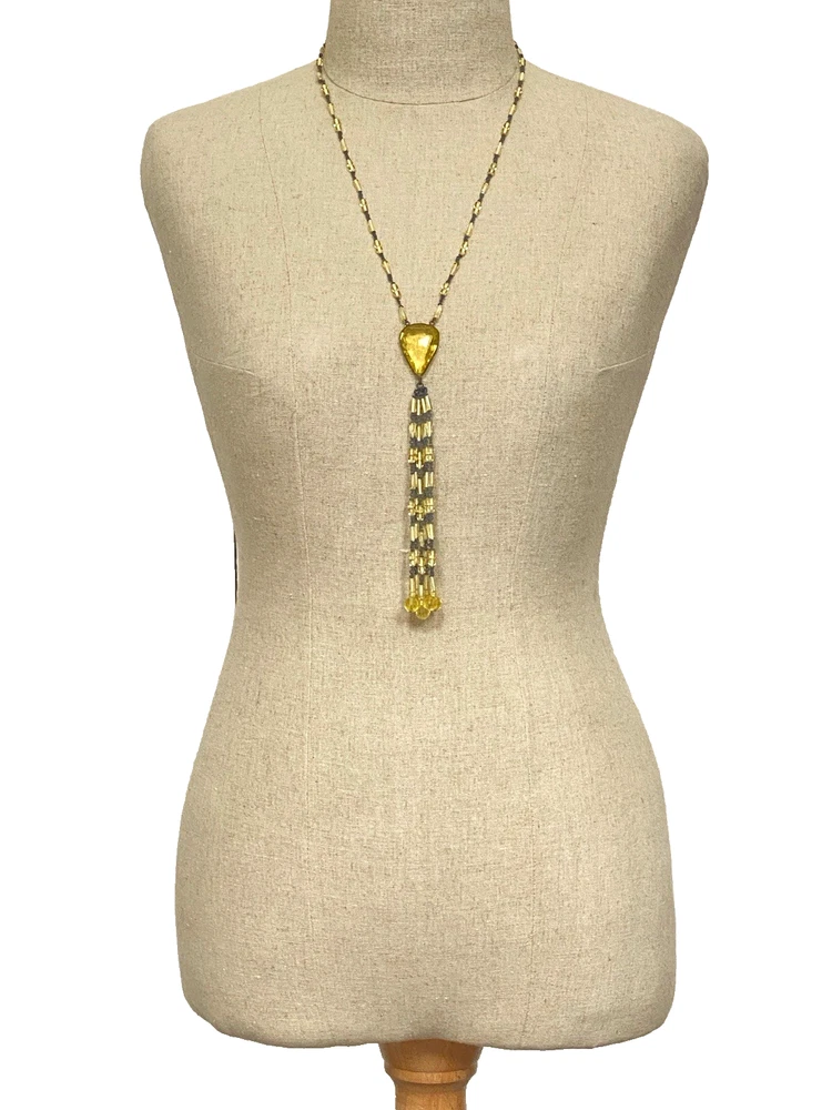 Antique Uranium Glass Flapper Necklace with Tassel Drop Vaseline Glass Rosary Chain