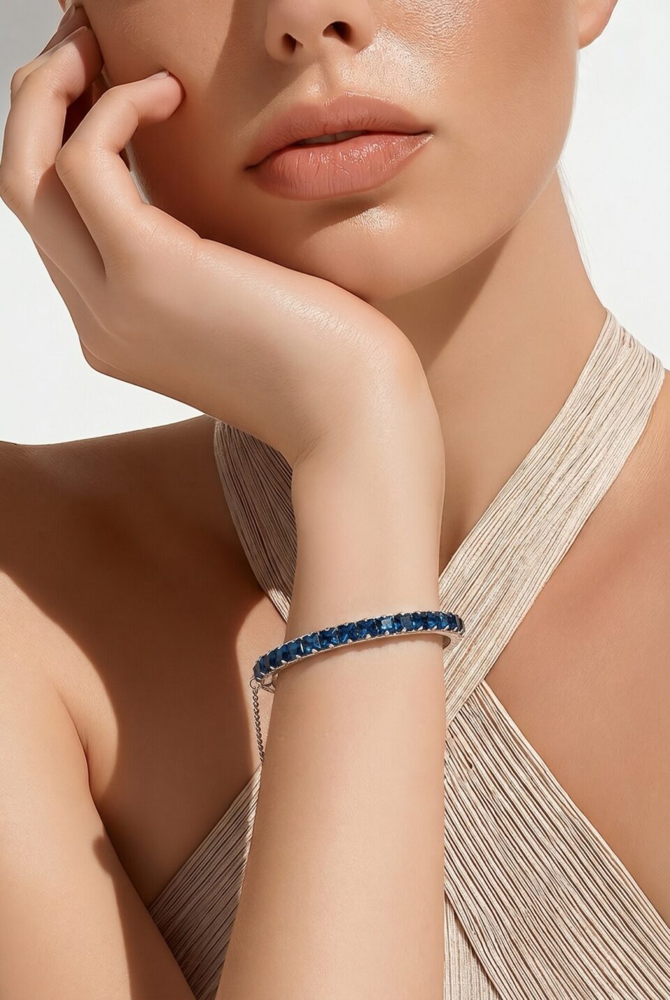 Art Deco Sapphire Blue Glass Clamper Bracelet Silver Tone