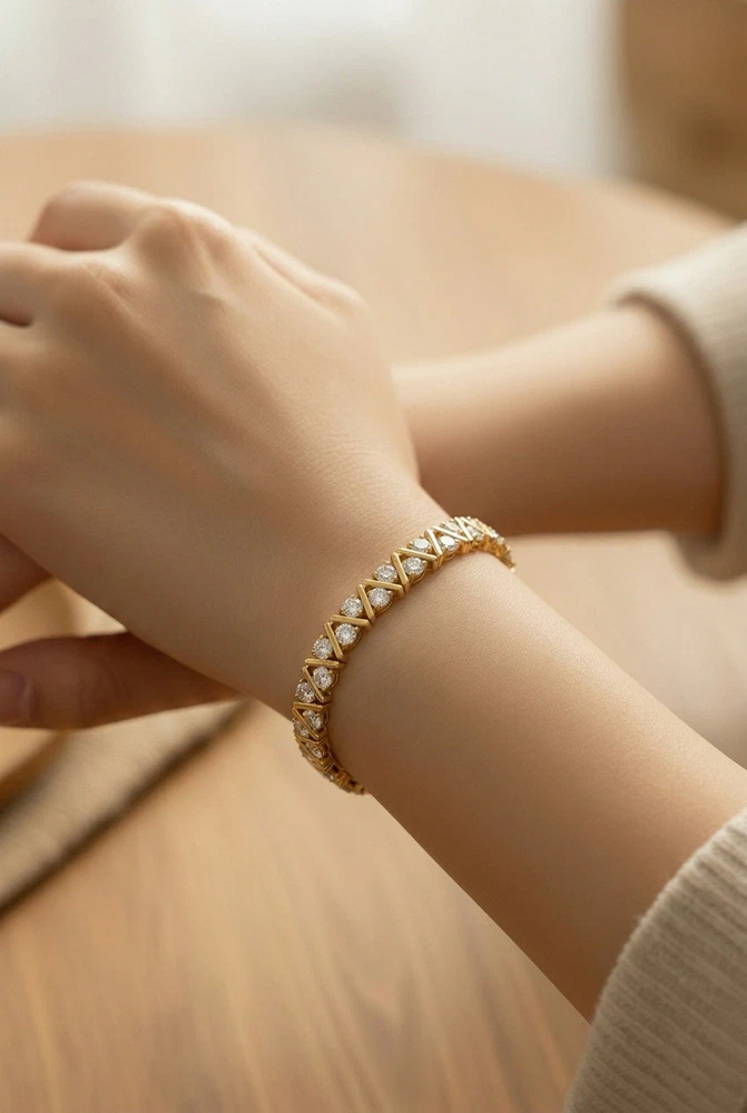 Gold over sterling silver bracelet with cubic zirconia stones panther link design 7 inch