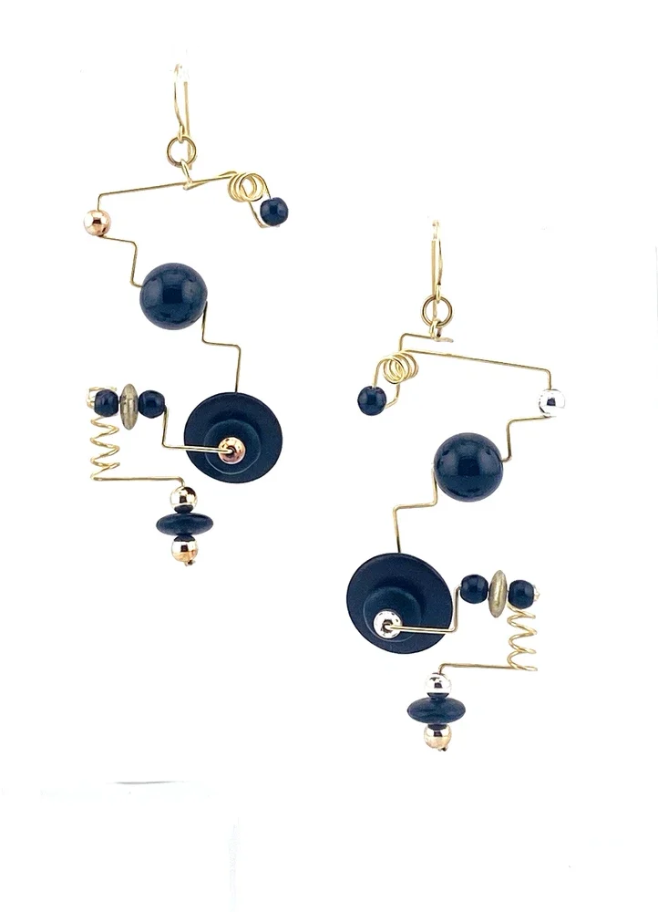 Modernist Geometric Dangle Earrings Gold Filled Wire and Black Glass