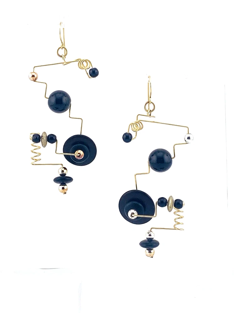 Modernist geometric dangle earrings in gold filled wire with black glass beads sculptural design
