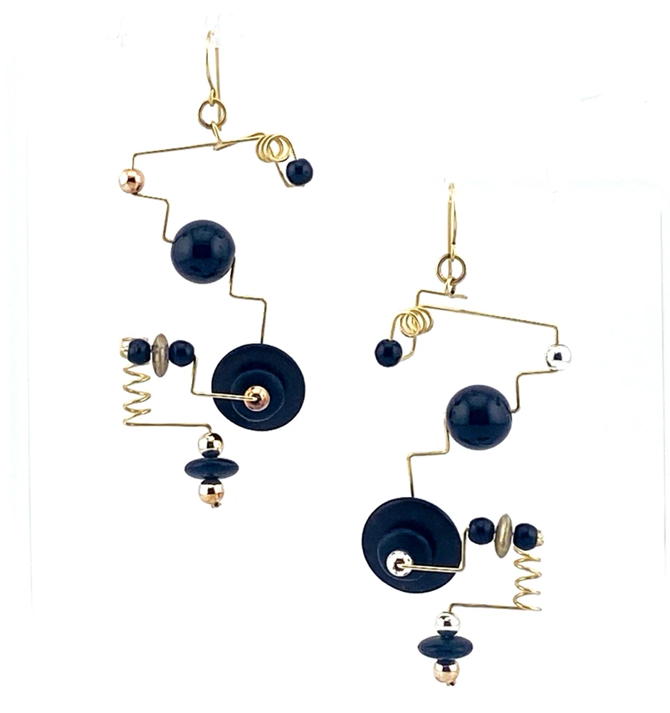Modernist Geometric Dangle Earrings Gold Filled Wire and Black Glass