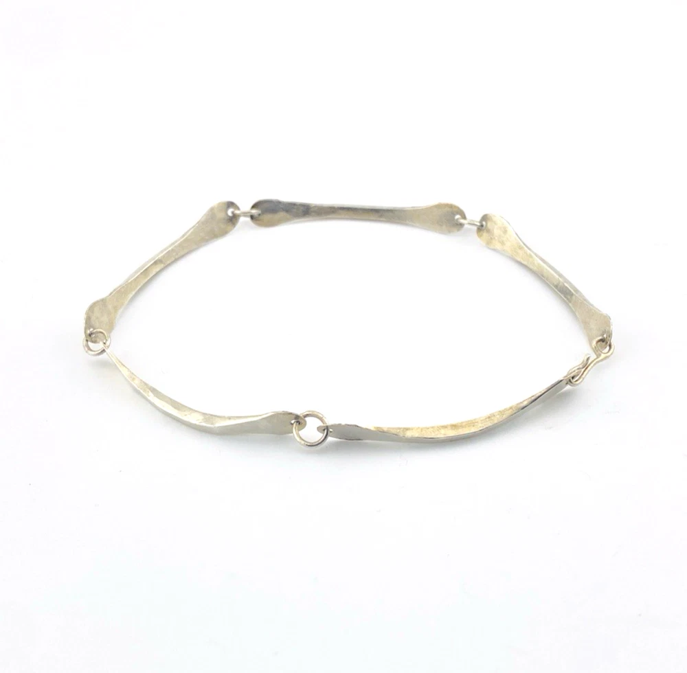 Modernist sterling silver bracelet with hammered long links minimalist unisex 8 inch