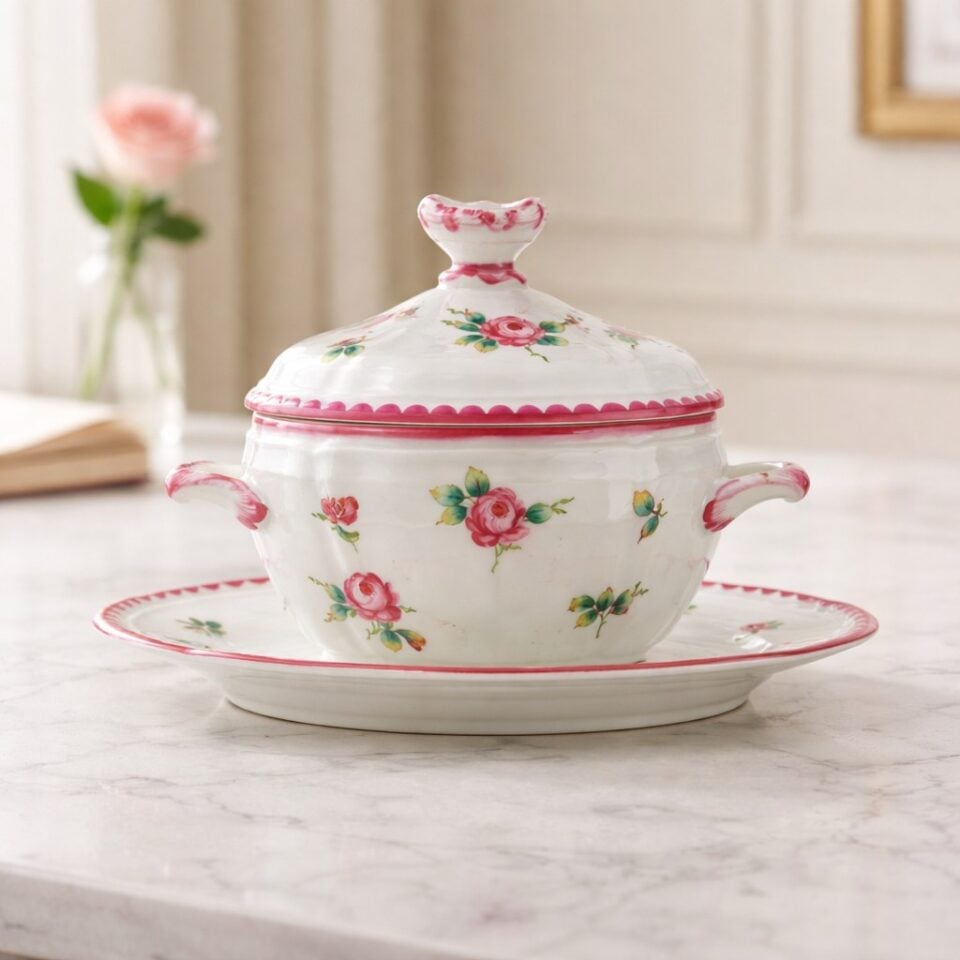 Richard ginori mustard pot condiment server pink rose porcelain italy 1950s tray