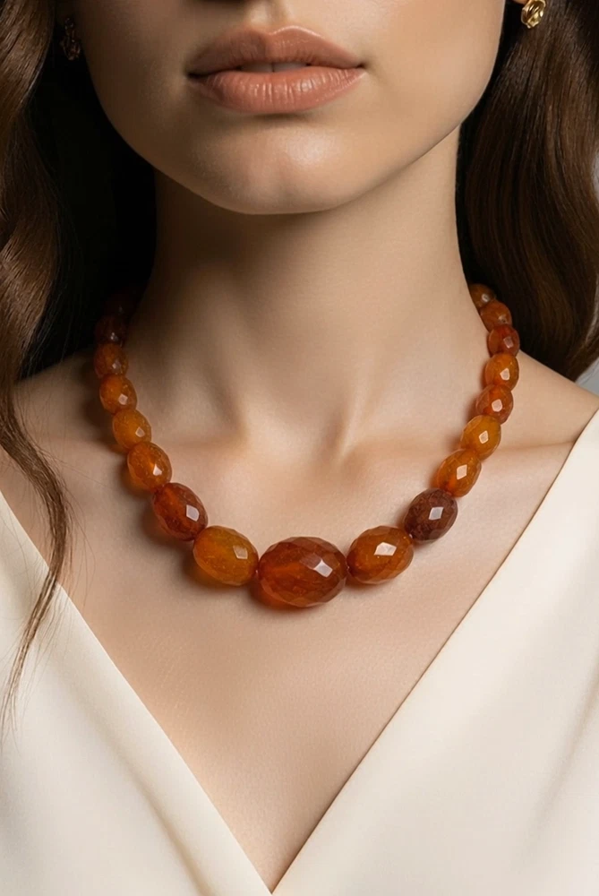 Antique Art Deco amber necklace with matte faceted graduated beads