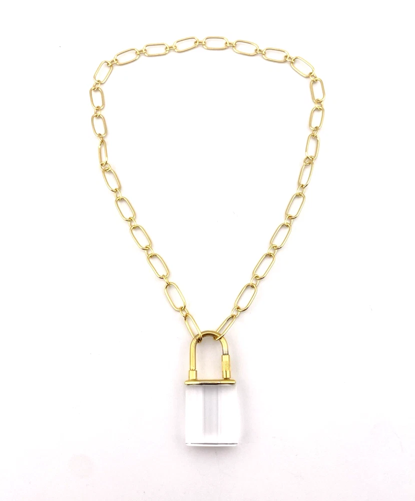 Crystal Padlock Necklace Gold Vermeil Chain Repurposed Lock 19.5 Inch