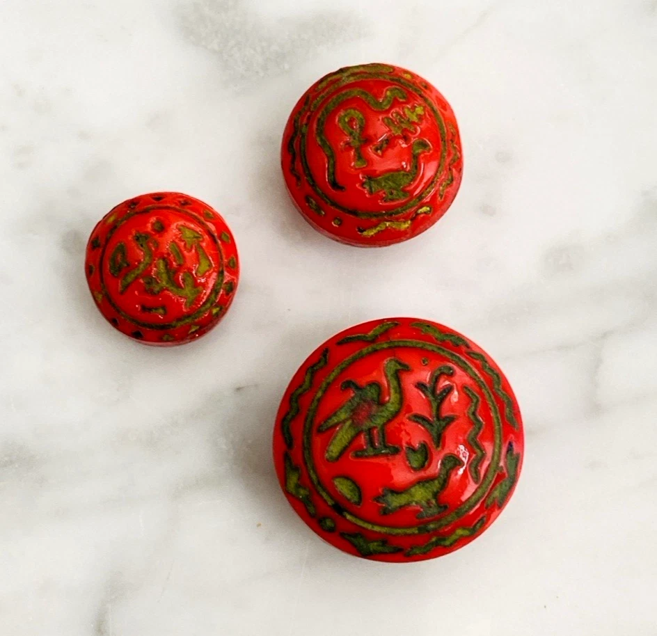 Vintage Czech Egyptian Revival Glass Beads Red Pressed Glass 1920s Lot 3