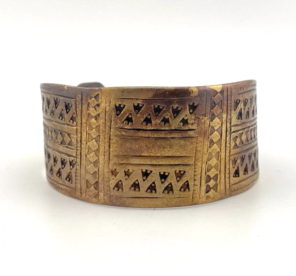 Vintage African Brass Cuff Bracelet Wide Etched Heavy 140g