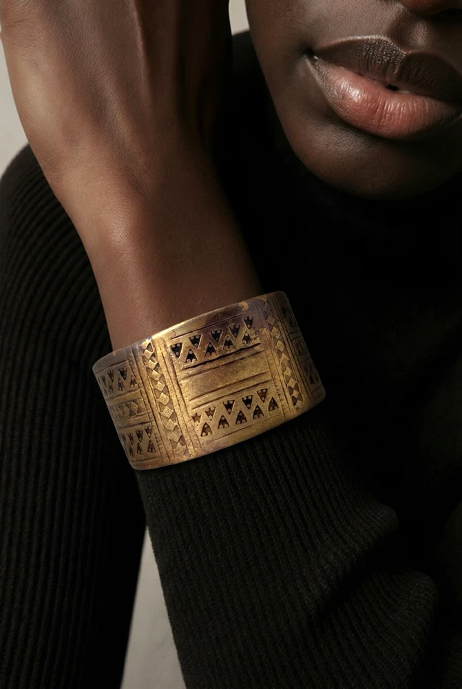 vintage african brass cuff bracelet wide etched geometric heavy tribal style patina