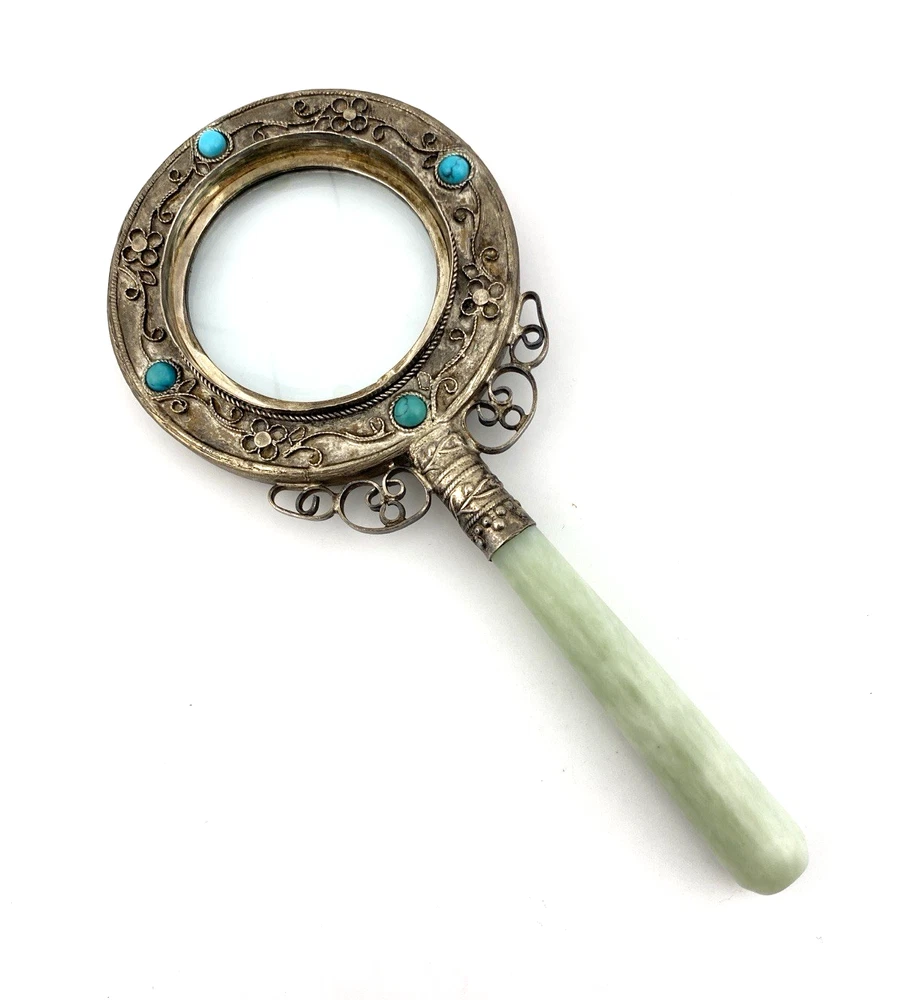 Chinese Export Magnifying Glass Green Stone Handle Silver Turquoise 2x 3x