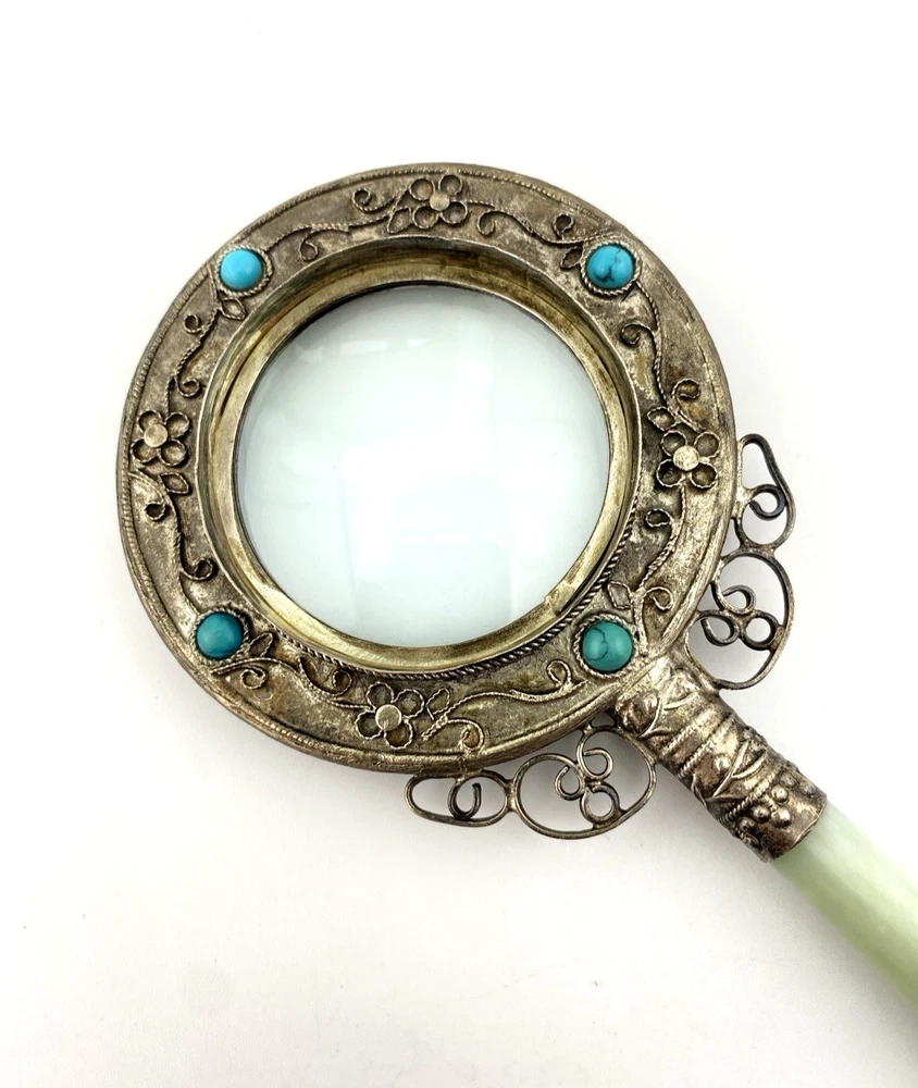 vintage chinese export magnifying glass green stone handle turquoise accents decorative lens