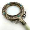 vintage chinese export magnifying glass green stone handle turquoise accents decorative lens