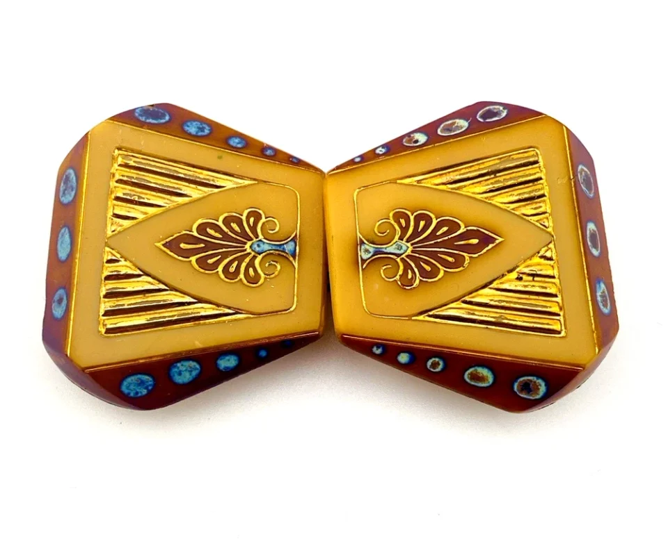 Art Deco Czech Art Glass Belt Buckle Czecho Slovakia Gold Gilding Turquoise Accent