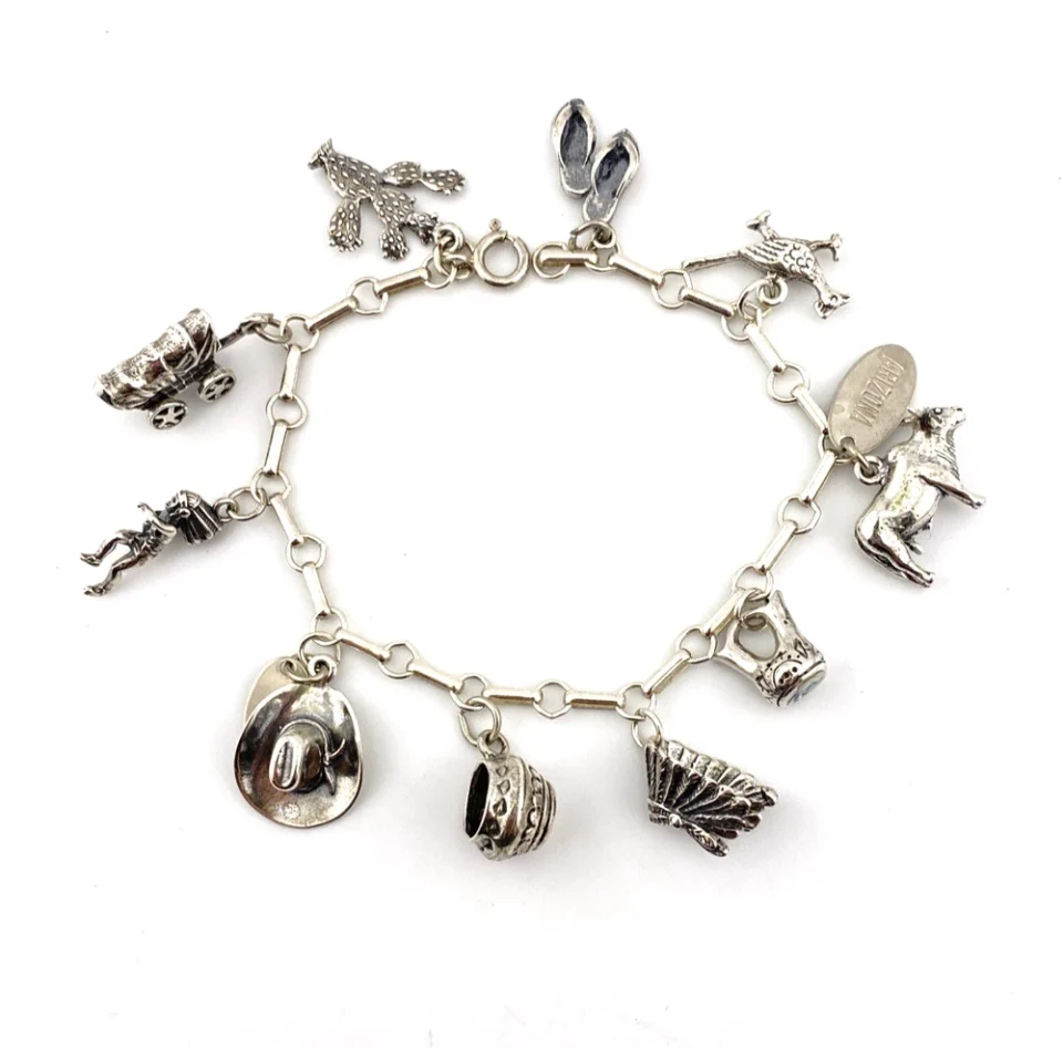 Arizona Sterling Silver Charm Bracelet 10 Charms Figural 7 Inch Vintage