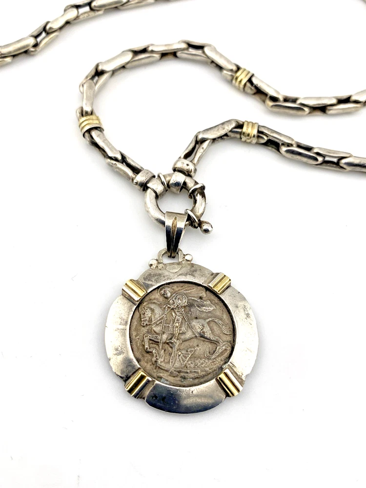 St George Dragon Slayer Pendant Necklace Alpaca Silver Chain 23 Inch
