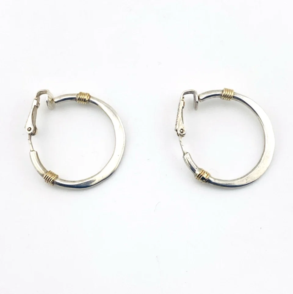 Sterling Silver Hoop Clip On Earrings Gold Accent 28mm Signed Vintage