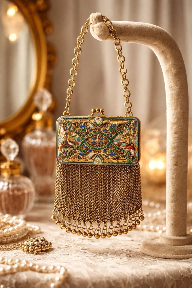 Vintage champleve enamel purse with chainmaille fringe and kisslock clasp