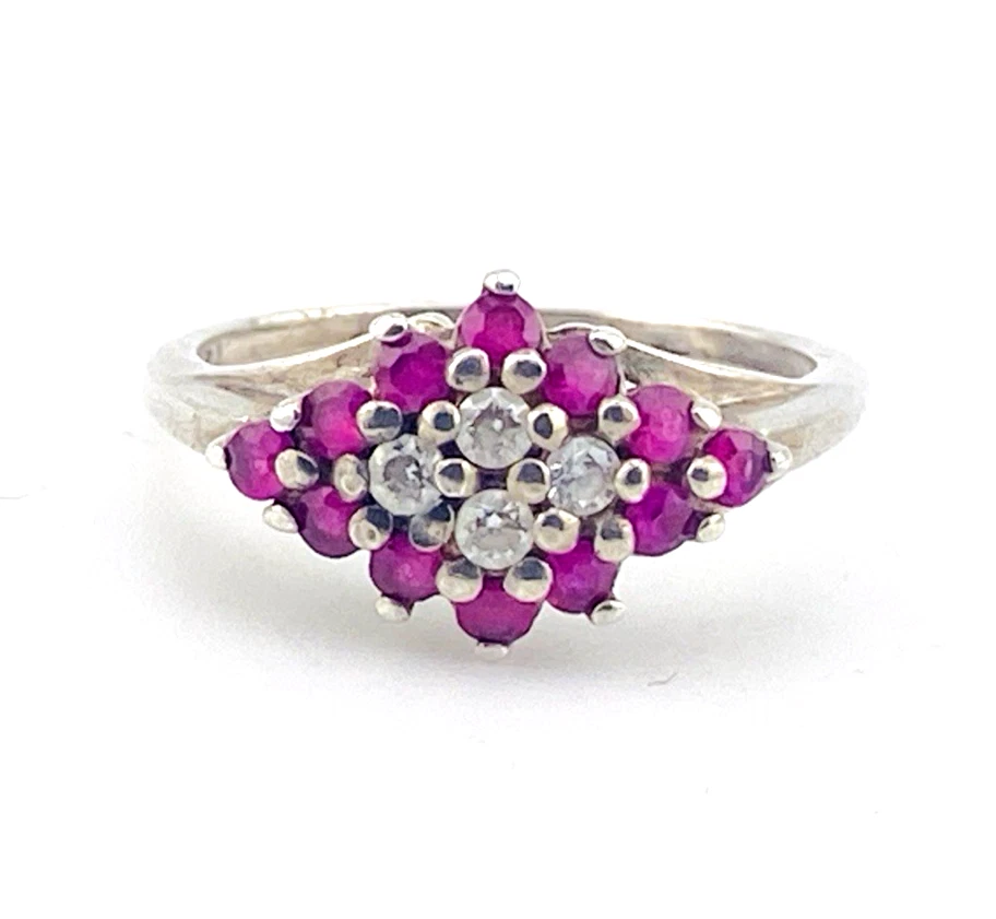 Vintage Ruby Cluster Ring Sterling Silver Diamond Shape Size 6