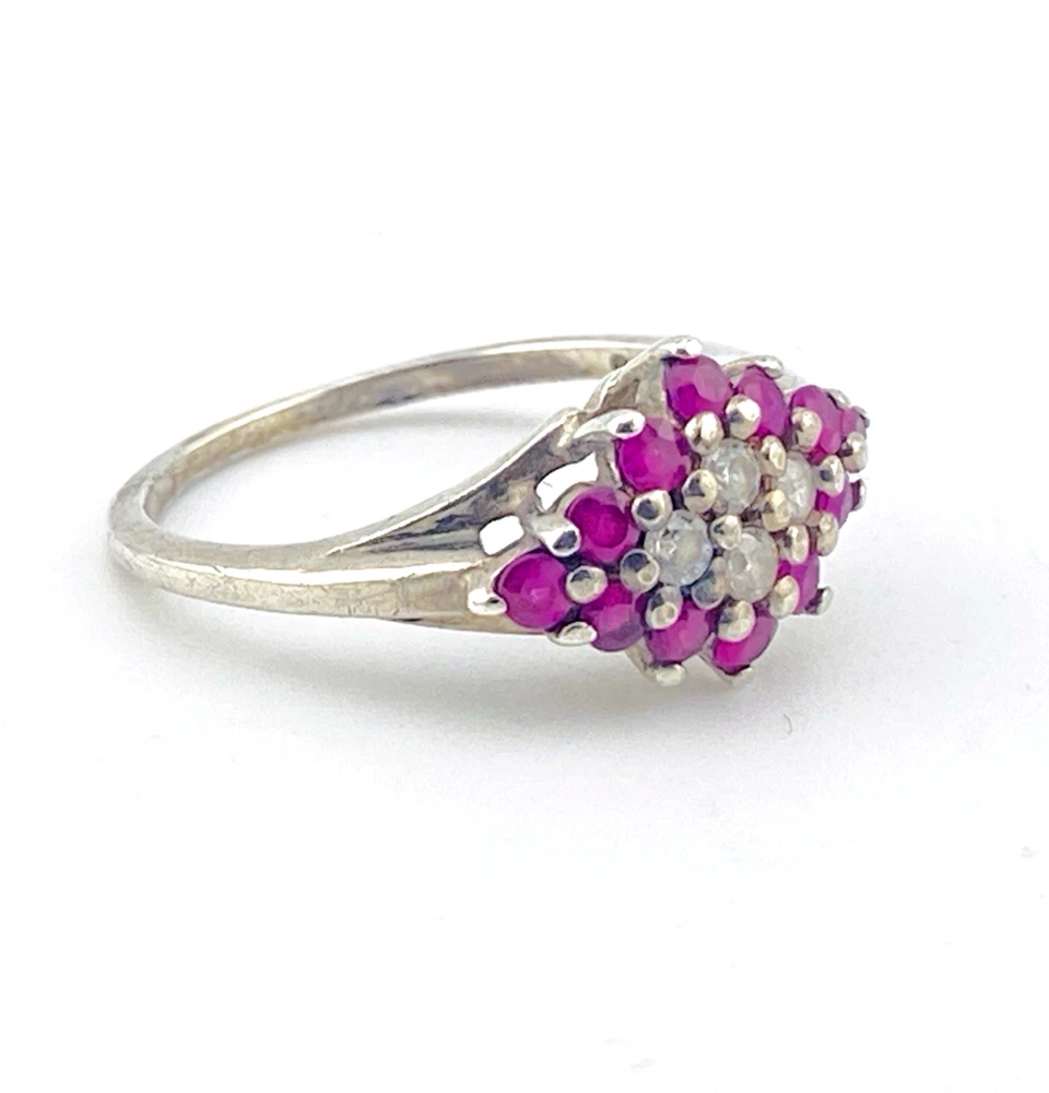 Vintage ruby cluster ring in sterling silver with diamond shaped setting and clear spinel accents size 6