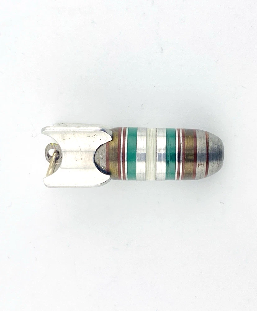 Vintage missile shaped pendant silver tone with green and white enamel striped novelty charm