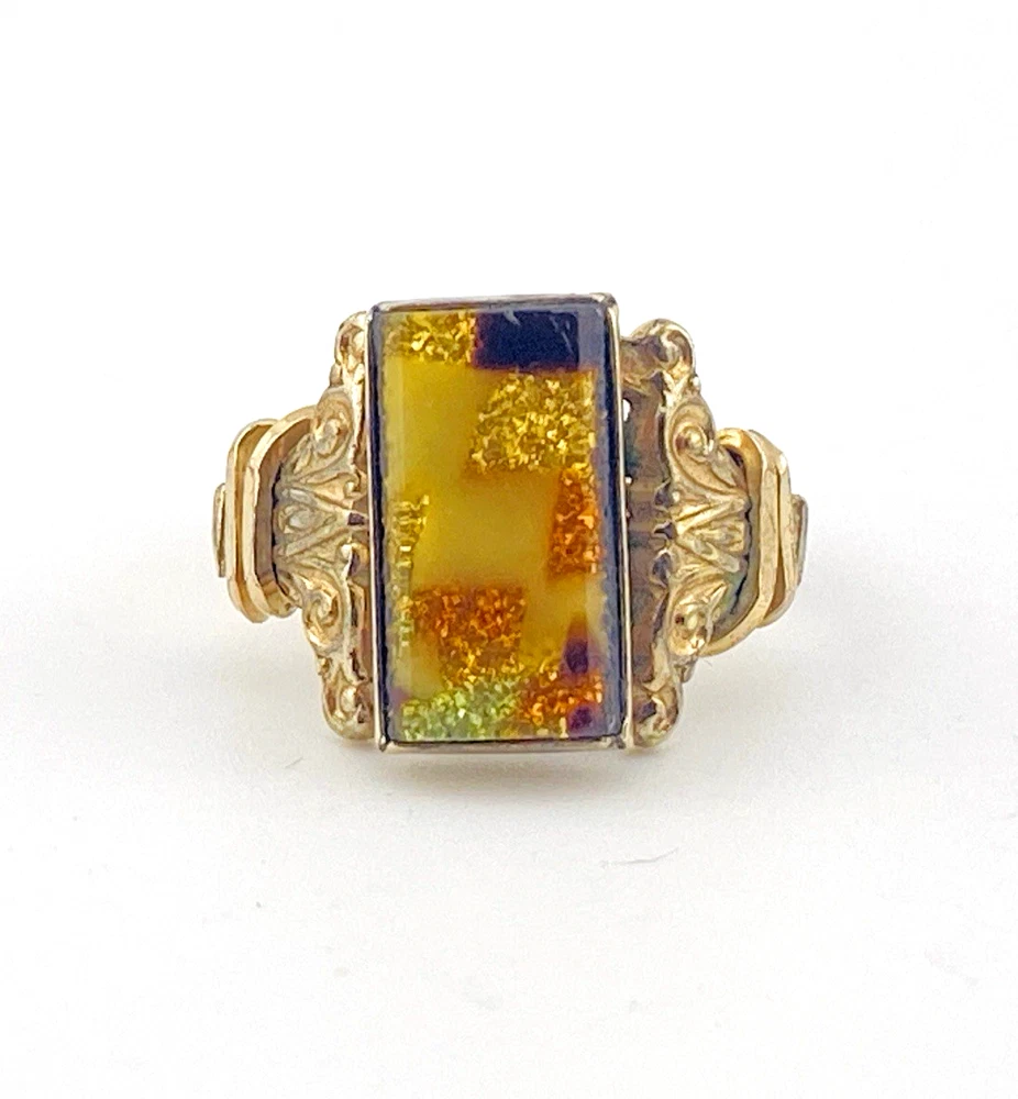 Vintage dichroic glass ring gold filled with rectangular color shifting art glass size 5.75