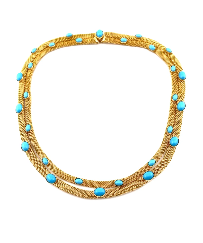 Vintage Gold Mesh Necklace Turquoise Cabochon Double Strand 1970s