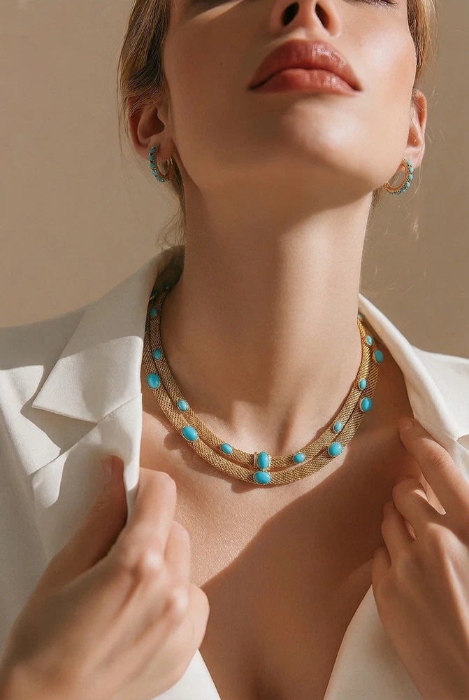 Vintage gold tone mesh necklace with simulated turquoise cabochons double strand 1970s