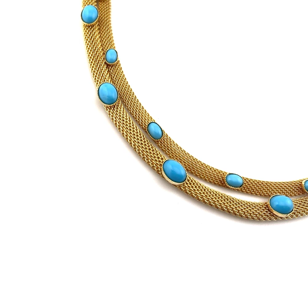 Vintage gold tone mesh necklace with simulated turquoise cabochons double strand 1970s