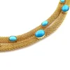 Vintage gold tone mesh necklace with simulated turquoise cabochons double strand 1970s