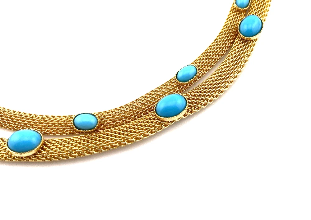 Vintage gold tone mesh necklace with simulated turquoise cabochons double strand 1970s